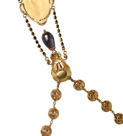 Dolce & Gabbana Gold Chain Brass Black Beaded Rosary Style Necklace