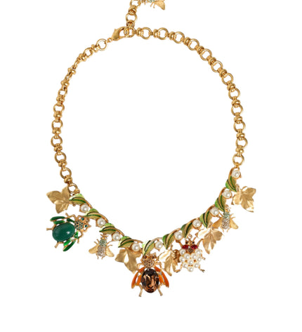 Dolce & Gabbana Gold Brass Crystal Bug Charm Pendant Statement Necklace