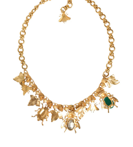 Dolce & Gabbana Gold Brass Crystal Bug Charm Pendant Statement Necklace