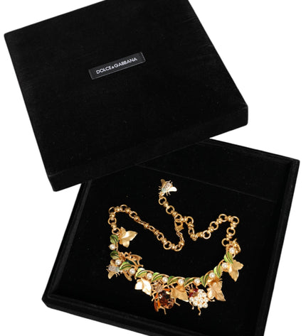 Dolce & Gabbana Gold Brass Crystal Bug Charm Pendant Statement Necklace