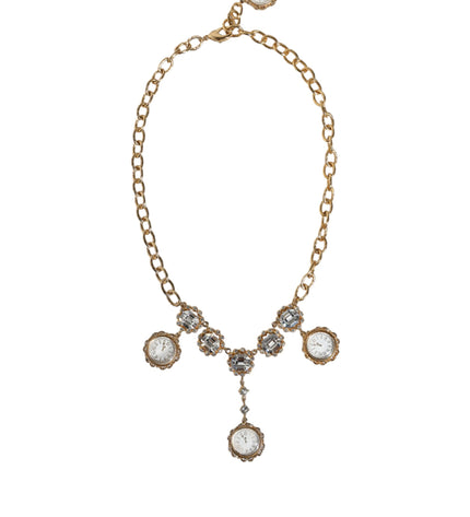 Dolce & Gabbana Gold Chain Brass Crystal Clock Statement Necklace