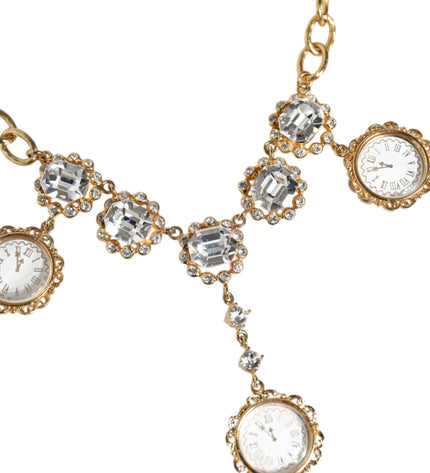 Dolce & Gabbana Gold Chain Brass Crystal Clock Statement Necklace