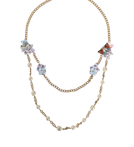 Dolce & Gabbana Gold Chain Brass Floral Layered Crystal Pearl Necklace