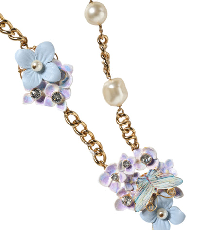 Dolce & Gabbana Gold Chain Brass Floral Layered Crystal Pearl Necklace