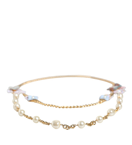 Dolce & Gabbana Gold Chain Brass Floral Layered Crystal Pearl Necklace