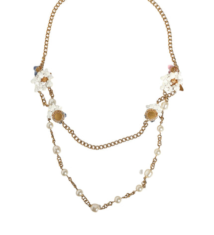 Dolce & Gabbana Gold Chain Brass Floral Layered Crystal Pearl Necklace