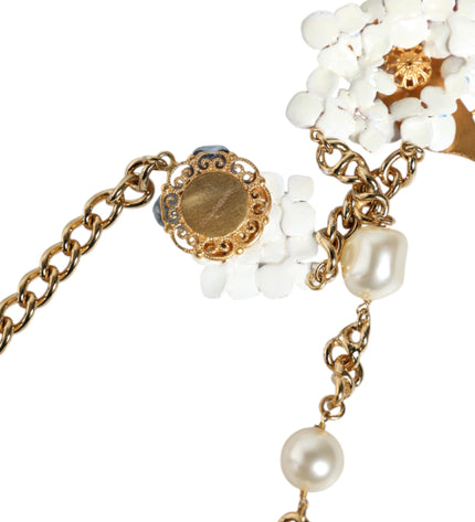 Dolce & Gabbana Gold Chain Brass Floral Layered Crystal Pearl Necklace