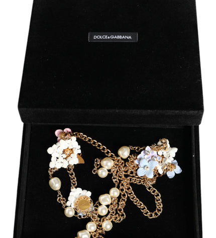 Dolce & Gabbana Gold Chain Brass Floral Layered Crystal Pearl Necklace