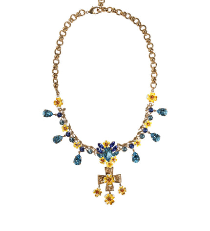 Dolce & Gabbana Gold Brass Chain Floral Crystal Cross Pendant Necklace