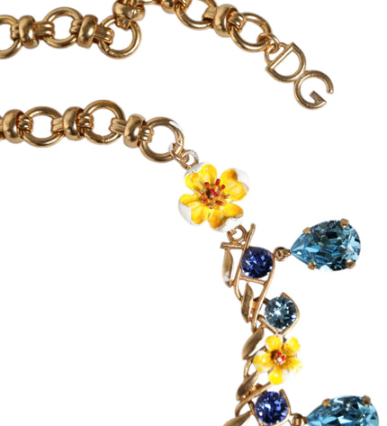 Dolce & Gabbana Gold Brass Chain Floral Crystal Cross Pendant Necklace