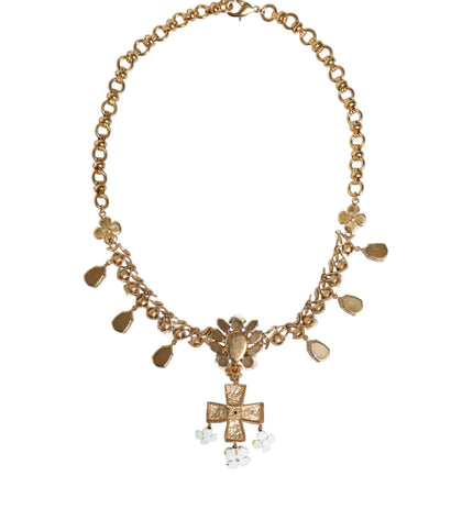 Dolce & Gabbana Gold Brass Chain Floral Crystal Cross Pendant Necklace