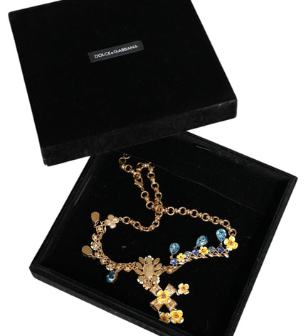 Dolce & Gabbana Gold Brass Chain Floral Crystal Cross Pendant Necklace