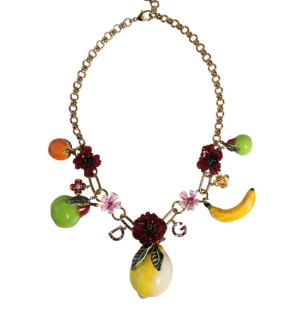 Dolce & Gabbana Gold Brass FRUIT Pendants Flowers Crystal Logo Necklace