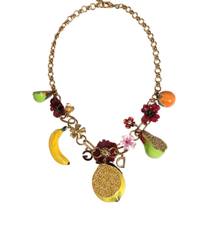 Dolce & Gabbana Gold Brass FRUIT Pendants Flowers Crystal Logo Necklace