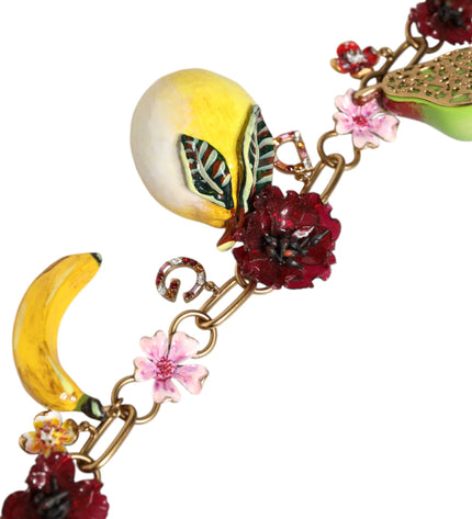 Dolce & Gabbana Gold Brass FRUIT Pendants Flowers Crystal Logo Necklace