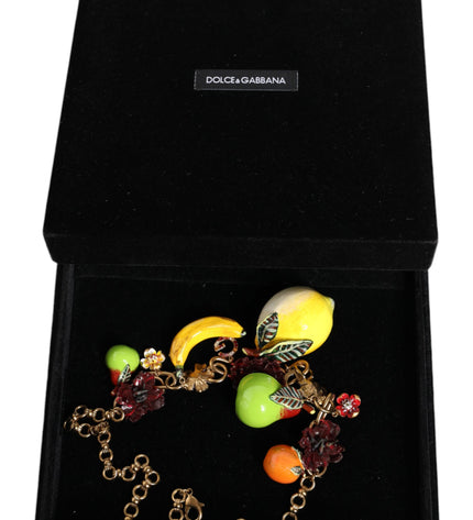 Dolce & Gabbana Gold Brass FRUIT Pendants Flowers Crystal Logo Necklace