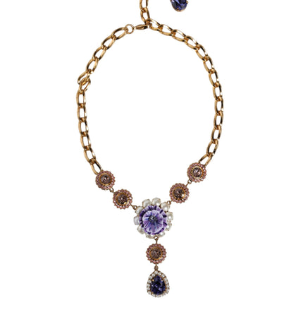 Dolce & Gabbana Gold Brass Crystal Purple Pink Pearl Pendants Necklace