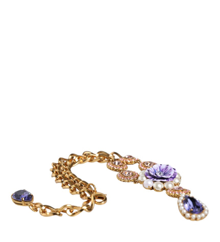 Dolce & Gabbana Gold Brass Crystal Purple Pink Pearl Pendants Necklace