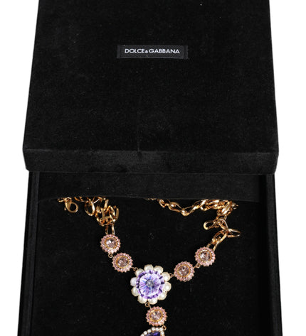 Dolce & Gabbana Gold Brass Crystal Purple Pink Pearl Pendants Necklace