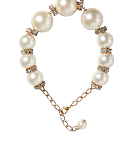 Dolce & Gabbana White Maxi Faux Pearl Beads Crystals Gold Chain Necklace