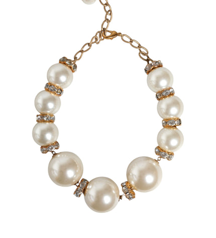 Dolce & Gabbana White Maxi Faux Pearl Beads Crystals Gold Chain Necklace