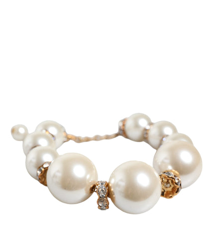 Dolce & Gabbana White Maxi Faux Pearl Beads Crystals Gold Chain Necklace