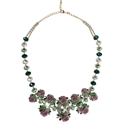 Dolce & Gabbana Gold Brass Link Chain Rose Petal Crystal Embellished Necklace