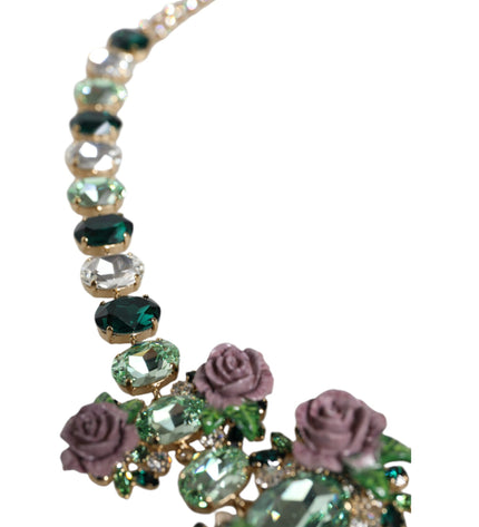 Dolce & Gabbana Gold Brass Link Chain Rose Petal Crystal Embellished Necklace