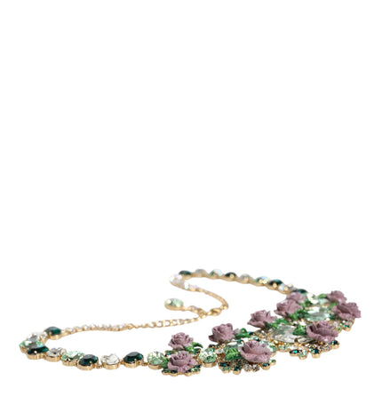 Dolce & Gabbana Gold Brass Link Chain Rose Petal Crystal Embellished Necklace