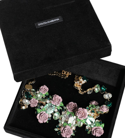 Dolce & Gabbana Gold Brass Link Chain Rose Petal Crystal Embellished Necklace