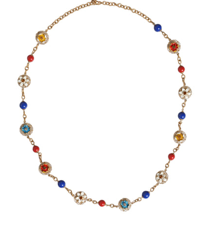 Dolce & Gabbana Gold Tone Brass Chain Floral Crystal Beaded Necklace