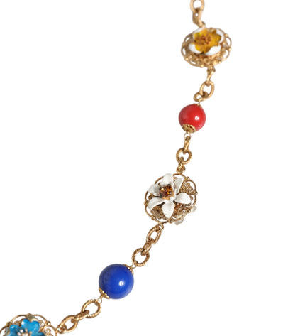 Dolce & Gabbana Gold Tone Brass Chain Floral Crystal Beaded Necklace