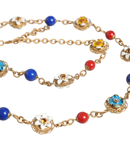 Dolce & Gabbana Gold Tone Brass Chain Floral Crystal Beaded Necklace