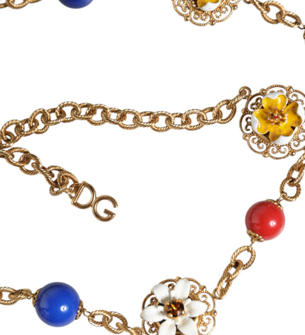 Dolce & Gabbana Gold Tone Brass Chain Floral Crystal Beaded Necklace