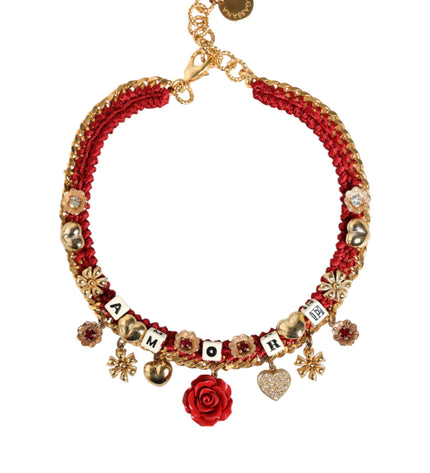 Dolce & Gabbana Gold Tone Choker Amore Red Floral Woven Charm Necklace