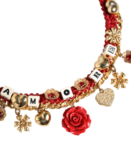 Dolce & Gabbana Gold Tone Choker Amore Red Floral Woven Charm Necklace