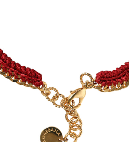 Dolce & Gabbana Gold Tone Choker Amore Red Floral Woven Charm Necklace