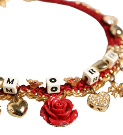 Dolce & Gabbana Gold Tone Choker Amore Red Floral Woven Charm Necklace