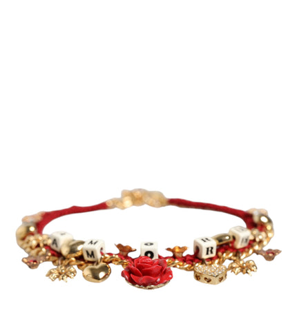 Dolce & Gabbana Gold Tone Choker Amore Red Floral Woven Charm Necklace