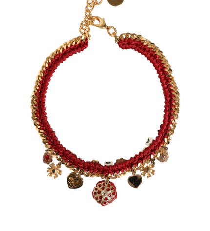 Dolce & Gabbana Gold Tone Choker Amore Red Floral Woven Charm Necklace