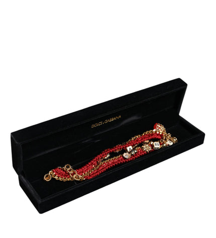 Dolce & Gabbana Gold Tone Choker Amore Red Floral Woven Charm Necklace