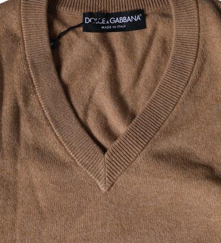 Dolce & Gabbana Brown Cashmere Knit V-neck Pullover Sweater