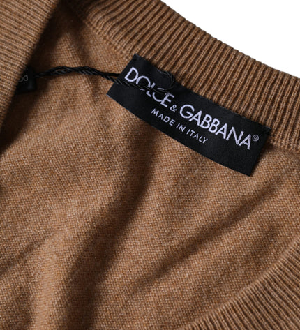 Dolce & Gabbana Brown Cashmere Knit V-neck Pullover Sweater