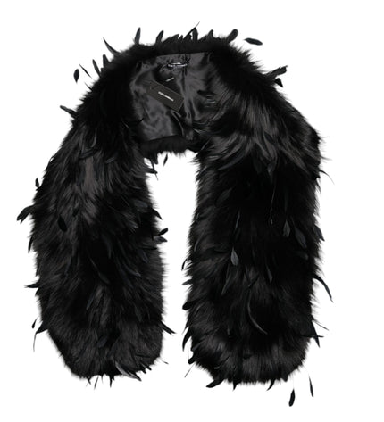 Dolce & Gabbana Black Fox Rooster Feathers Neck Warmer Scarf