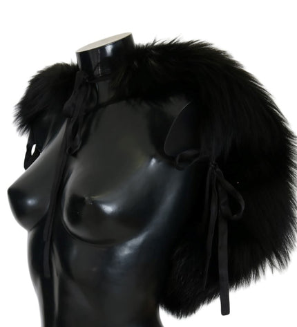 Dolce & Gabbana Elegant Black Silver Fox Fur Wrap Scarf