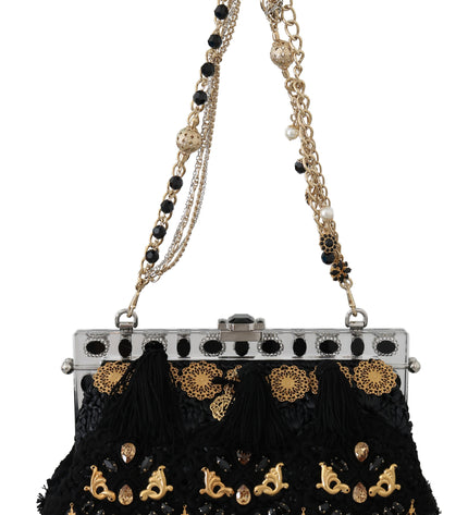 Dolce & Gabbana Black Tassel Gold Baroque Crystal Evening Clutch