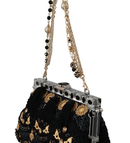 Dolce & Gabbana Black Tassel Gold Baroque Crystal Evening Clutch